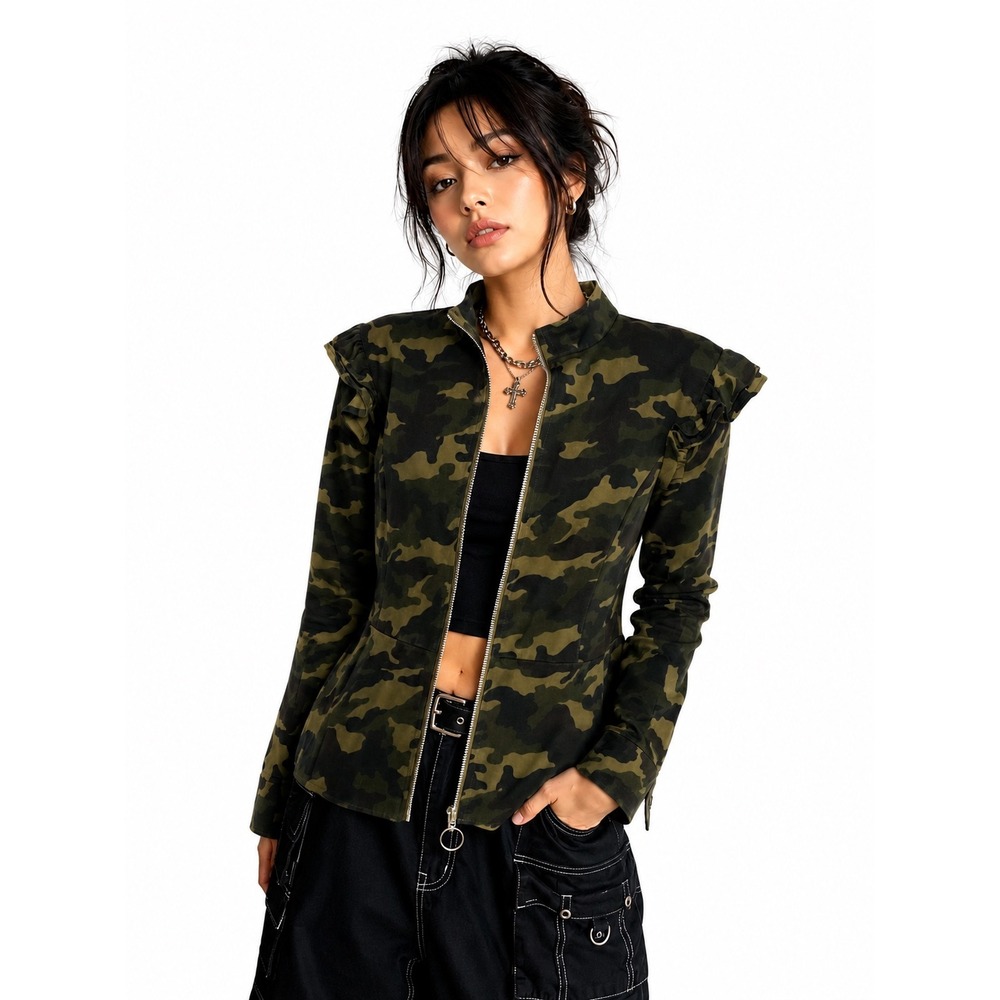 Womens Camouflage Ruffle Shoulder‎ Zip Up Jacket Green Camo Peplum Size M